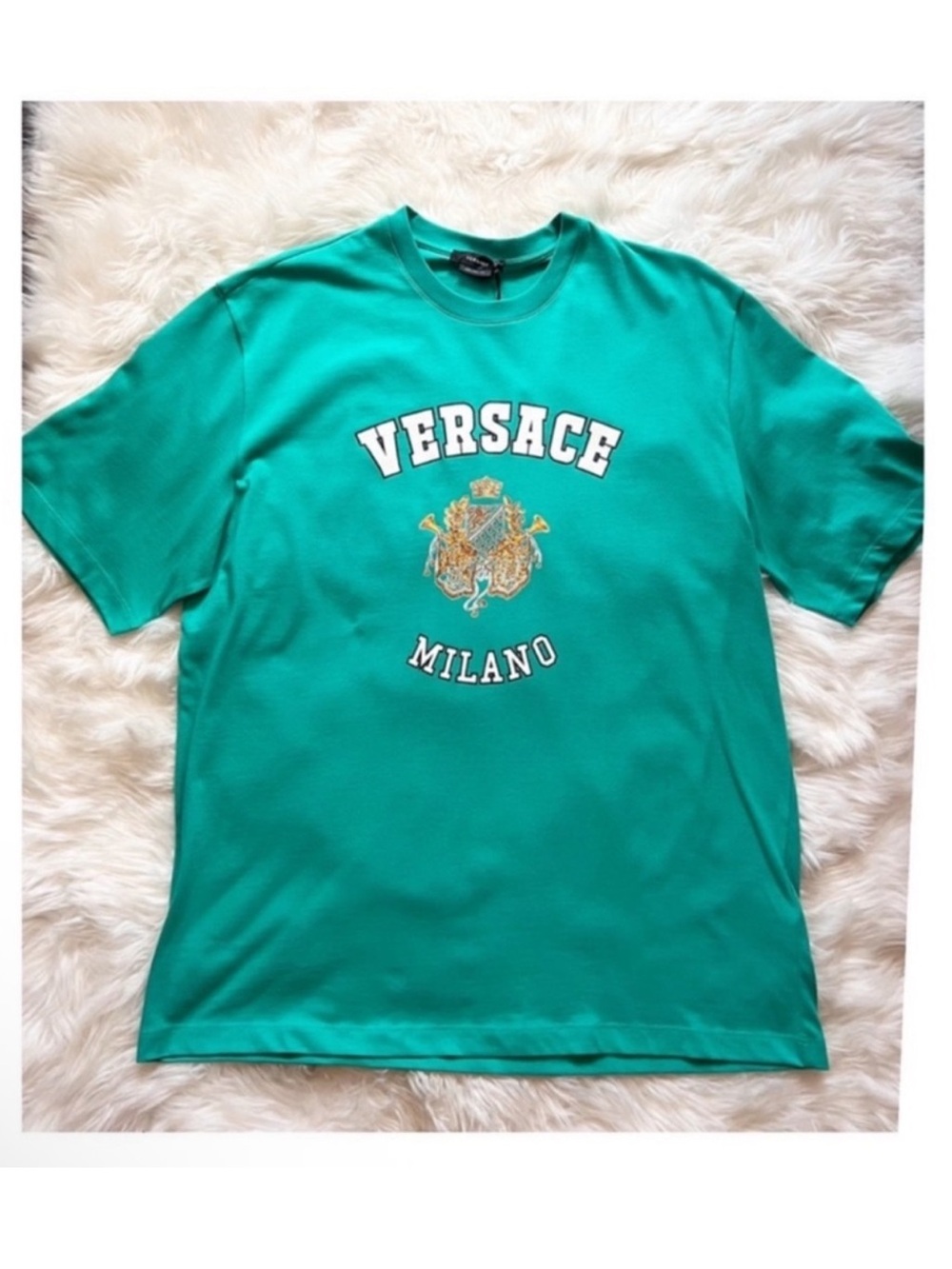 New! VERSACE Royal Rebellion Crest Logo Oversized T-Shirt in Turquoise